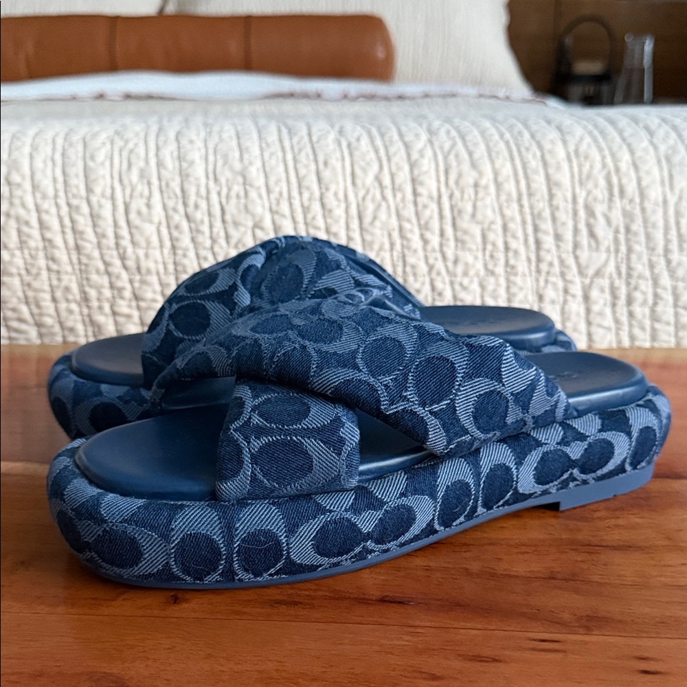 Coach Blue Denim Signature Patterned Slide Sandals